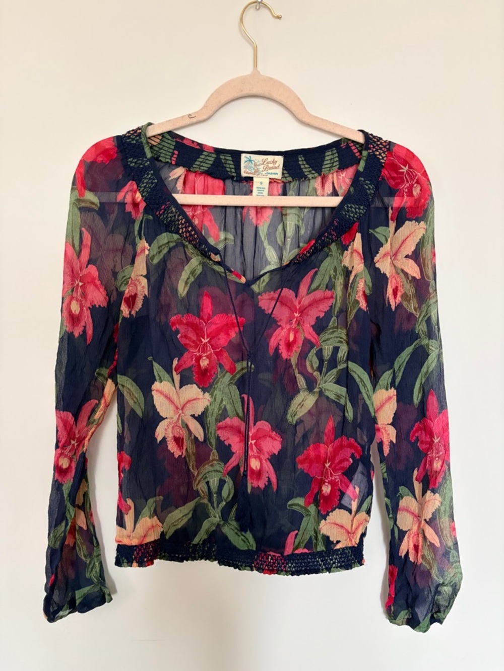 Vintage LUCKY BRAND 100% Silk Floral Sheer Blouse - Small